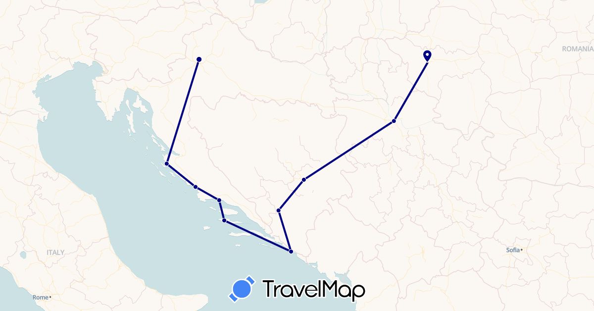 TravelMap itinerary: driving in Bosnia and Herzegovina, Croatia, Romania, Serbia (Europe)